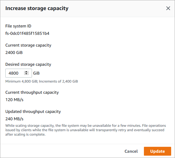
                   Console screenshot showing the Update storage capacity pane.
               