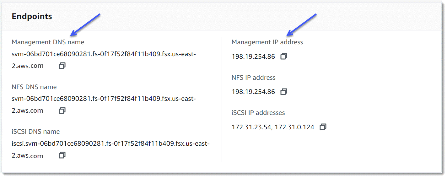 The Endpoints panel of the Storage virtual machines details page with arrows pointing to Management DNS name and Management IP address.