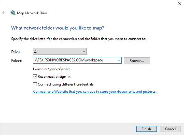 Shows the Windows Map Network Drive dialog for mapping an ONTAP SMB share to a letter on a WorkSpace.