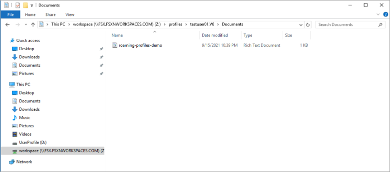 The Windows File Explorer dialog showing a new file for a WorkSpace user.