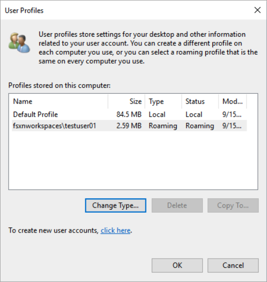 The Windows User Profiles dialog showing a profile configured for a WorkSpace user.