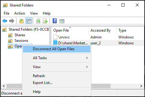 The context-menu for Open files in the Shared Folders tool.