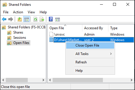 The Open files tab in the Shared Folders tool.