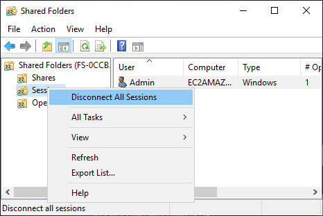 The Shared Folders tool with the context-menu for Sessions open.