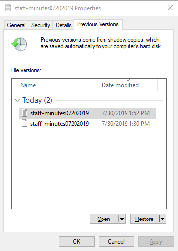 
     Restore previous versions in Windows File Explorer 
   