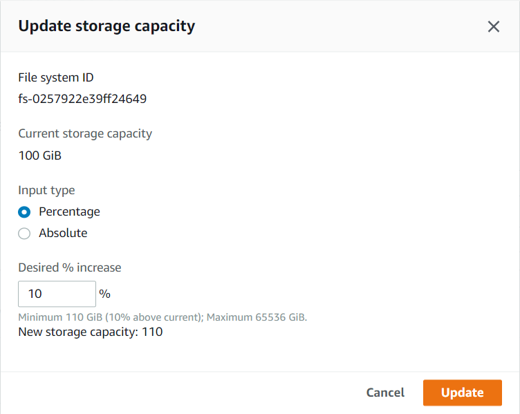 
                                Console screen shot showing the Update storage capacity
                                    pane.
                            