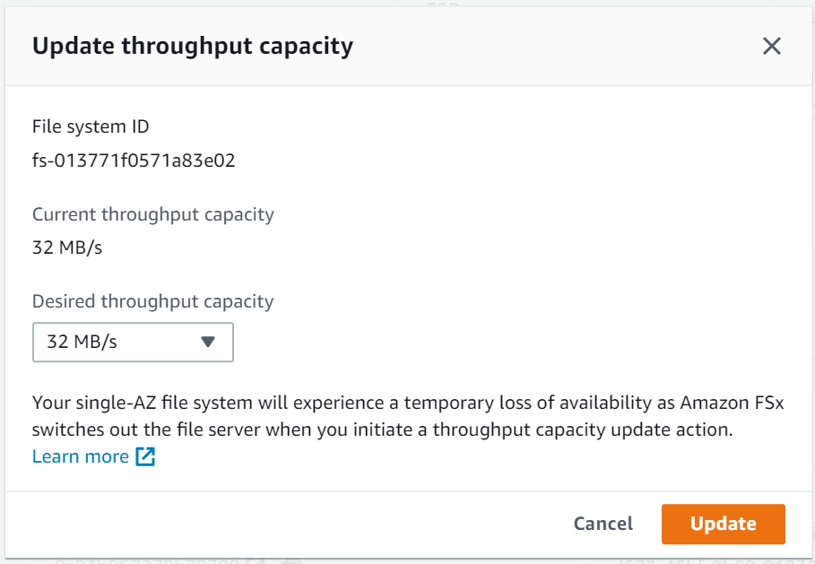 
        Console screen shot showing the Update throughput capacity window
       