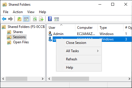 The Shared Folders tool displaying the user sessions that are connected to your FSx for Windows File Server file system.