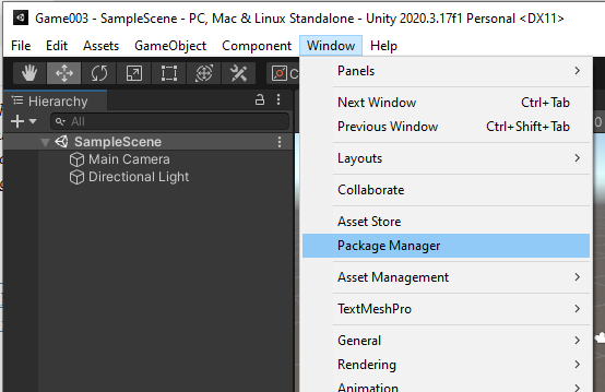 
                        Unity menu under Window with package manager selected.
                    