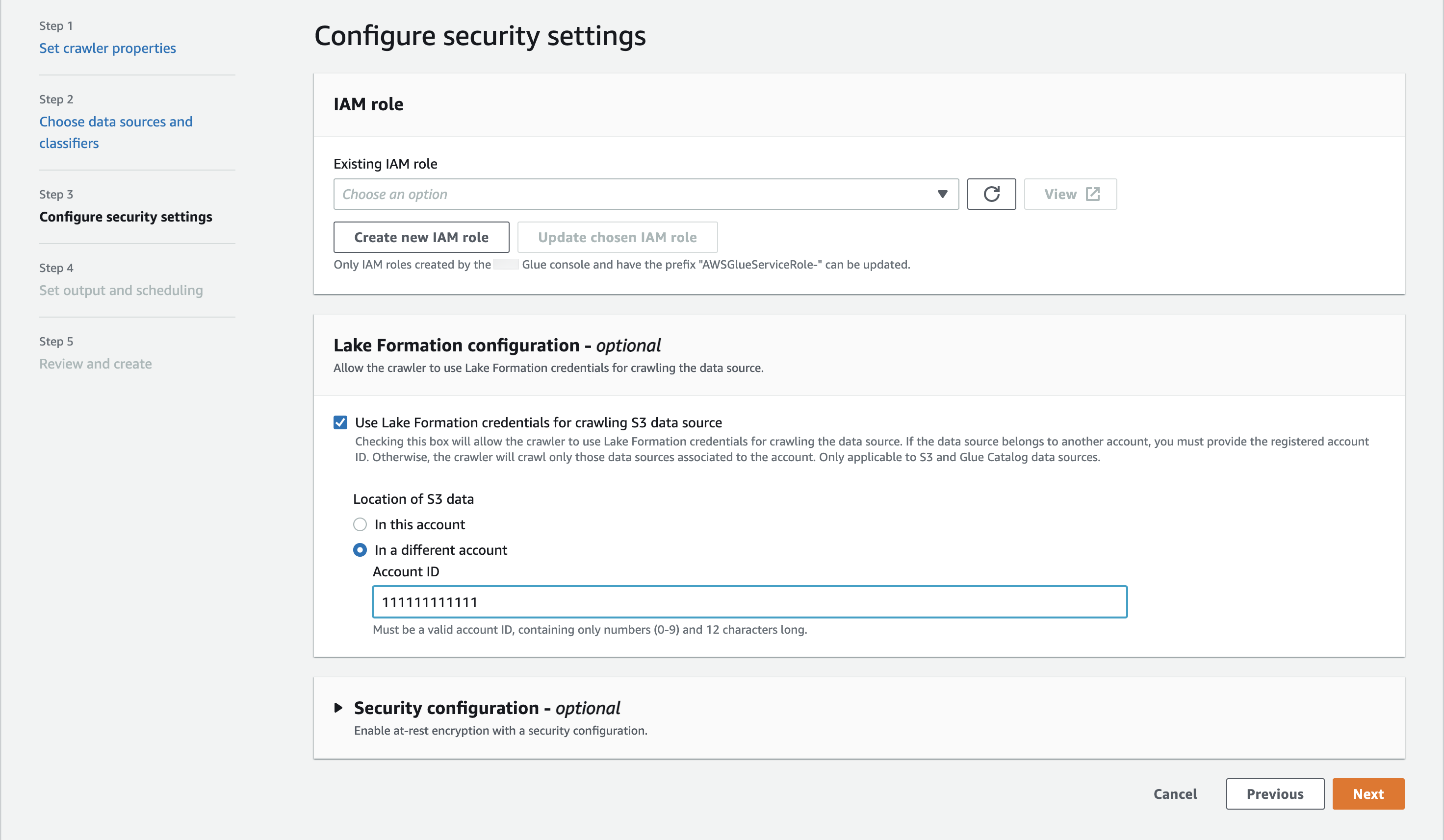 IAM role selection and Lake Formation configuration options for Amazon Glue crawler security settings.