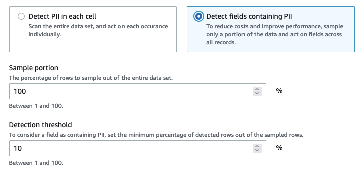 
                
                    The screen shot shows the options in the Detect PII transform when selecting to detect fields that contain PII in the data source.
                
            
