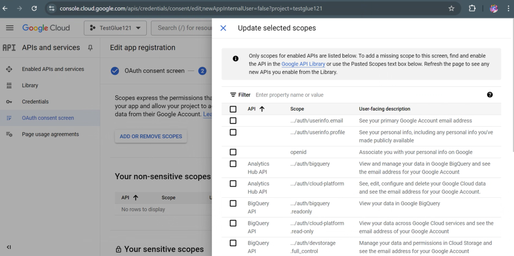 The screenshot shows the Update selected scopes page. Select your scopes as needed.