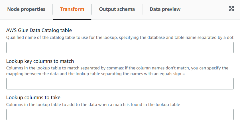 The screenshot shows the Transform tab for the Lookup transform.