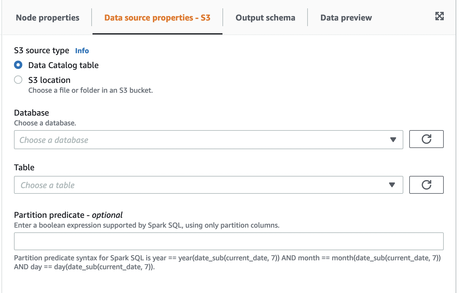 
              The screenshot shows the Data source properties - Amazon S3 tab and fields.
            