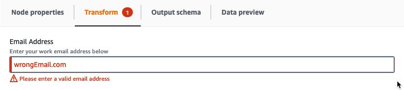 
                    The screenshot shows a custom visual transform parameter with a validation error message: Please
                        enter a valid email address.
                