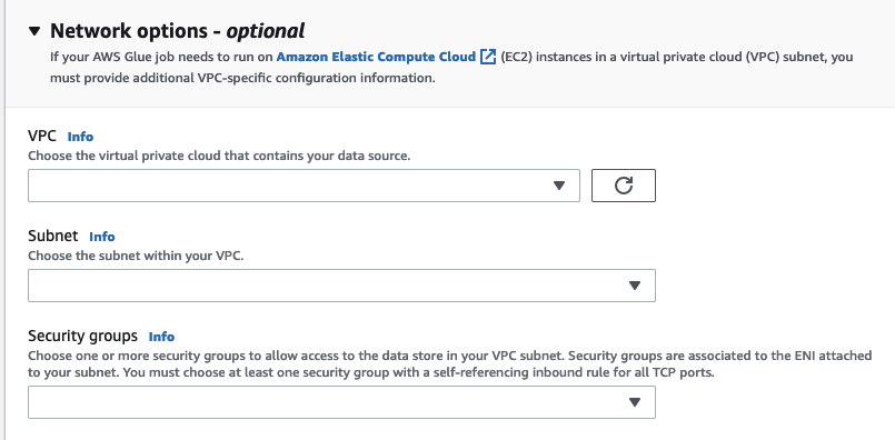 
          The screenshot shows the optional network options for VPC, Subnet and Security groups.
        