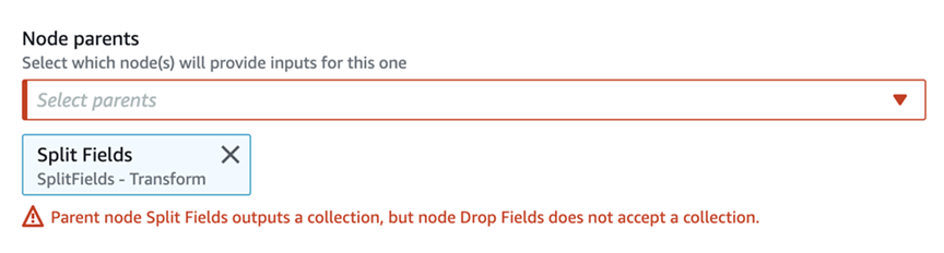 
          The screenshot shows the Node parents field on the Node properties tab of the node
            details panel. The selected node parent is SplitFields and the error
            message displayed reads "Parent node Split Fields outputs a collection, but node Drop
            Fields does not accept a collection."
        