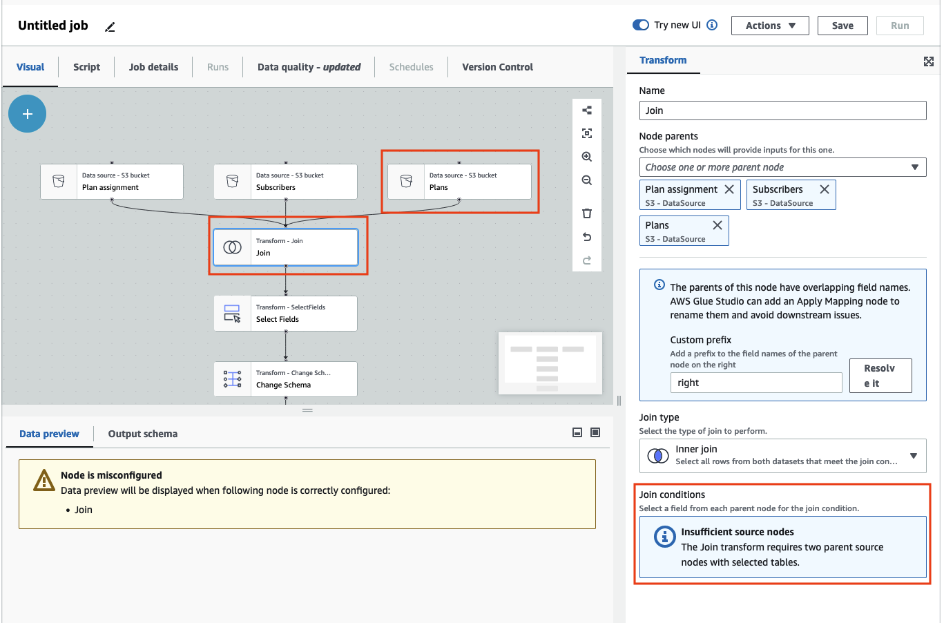 
            The screenshot shows a job diagram where parent nodes are two source nodes - Plan assignment and 
              Subscribers. They are connected to a Join node. A Plans source node and Join node are connected to the Change 
              Schema node. The Catalog node is connected to the Change schema node.
          