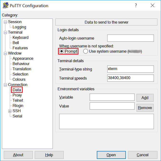 
                            PuTTY window with Prompt selected.
                        