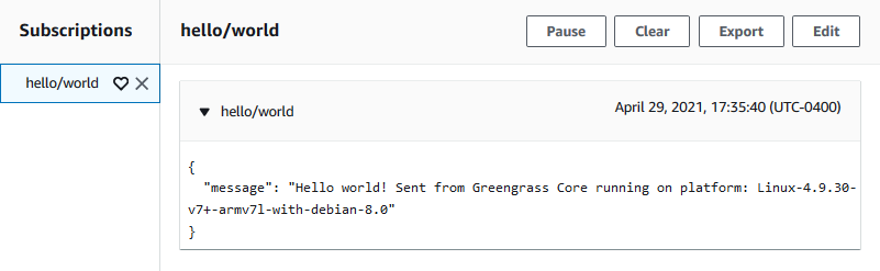 Screenshot of message sent to the hello/world topic with message highlighted.