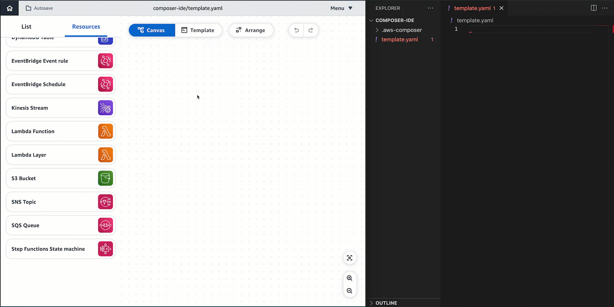 The Infrastructure Composer canvas synced with a local machine using local sync mode.