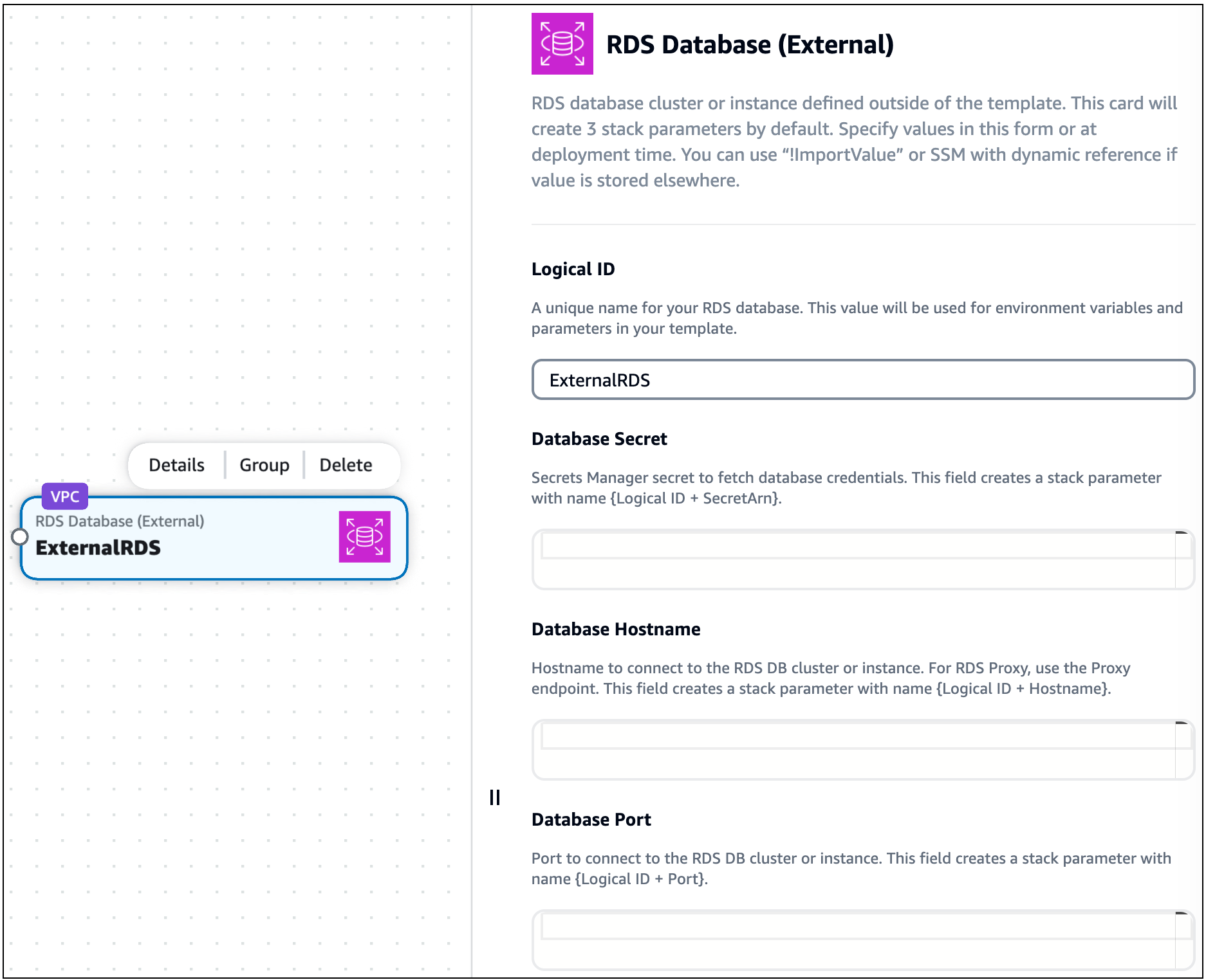 The resource properties panel of an RDS Database (external) enhanced component card.
