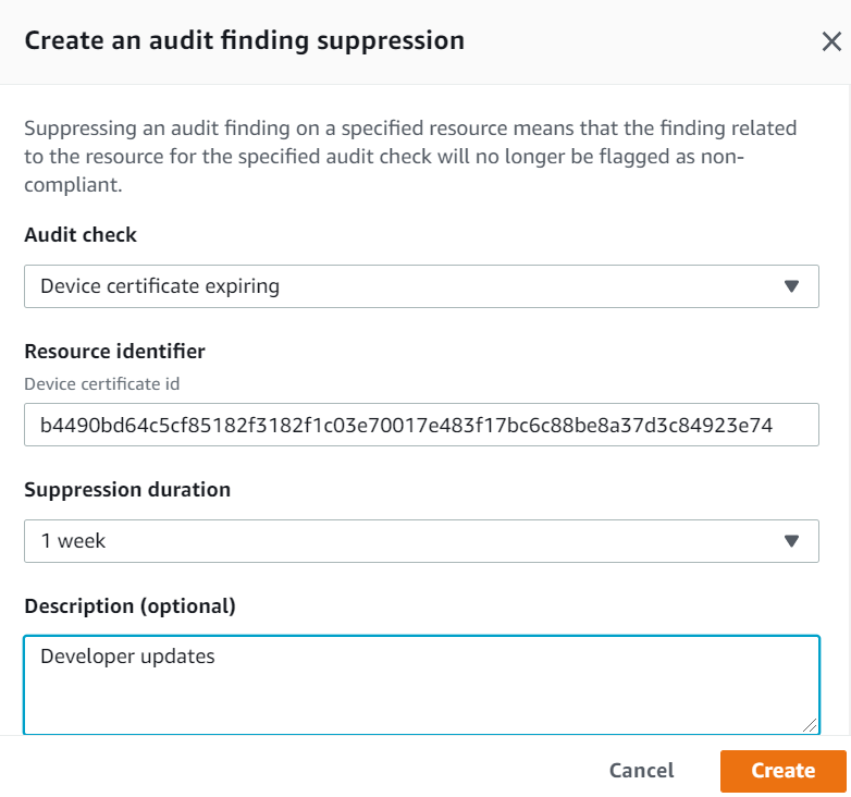 The Create an audit finding suppression page where you need to enter the detailed information.