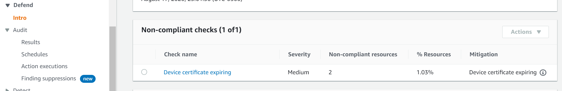 Run an on-demand audit to show that the expired device certificate check is non-compliant.