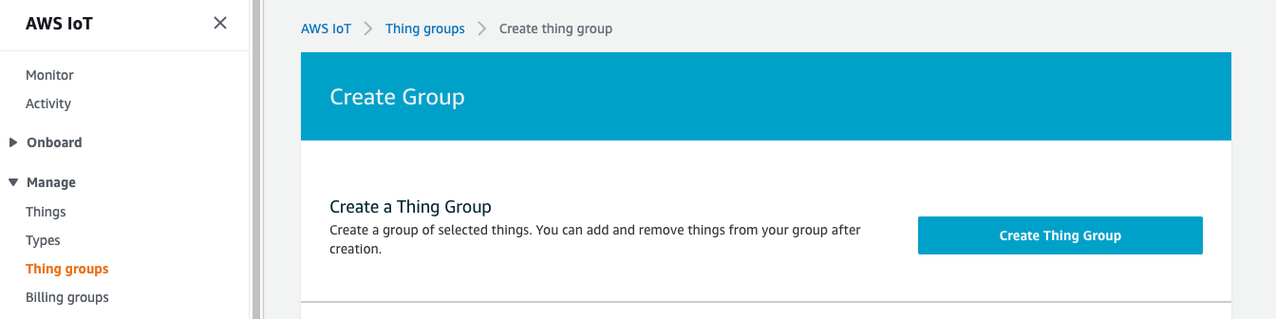 Amazon IoT console Create Thing Group page with Create Thing Group button.