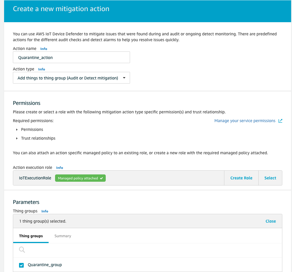 Amazon IoT Device Defender mitigation action configuration form with Action name, Action type, Permissions, Action execution role, and Thing groups fields.