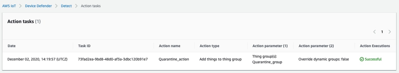 Amazon IoT Device Defender Detect Action tasks table showing one quarantine action to add things to quarantine_group thing group.