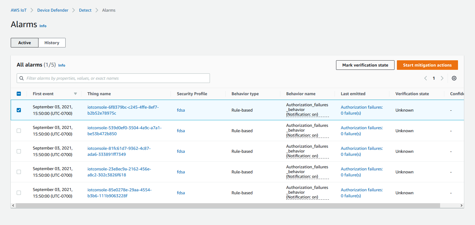 Amazon IoT Device Defender Alarms view showing active authorization failure behavior events for IoT console things such as iotconsole-6f8379bc-c245-4ffe-8ef7-b2b52e78975c with fdsa security profile.