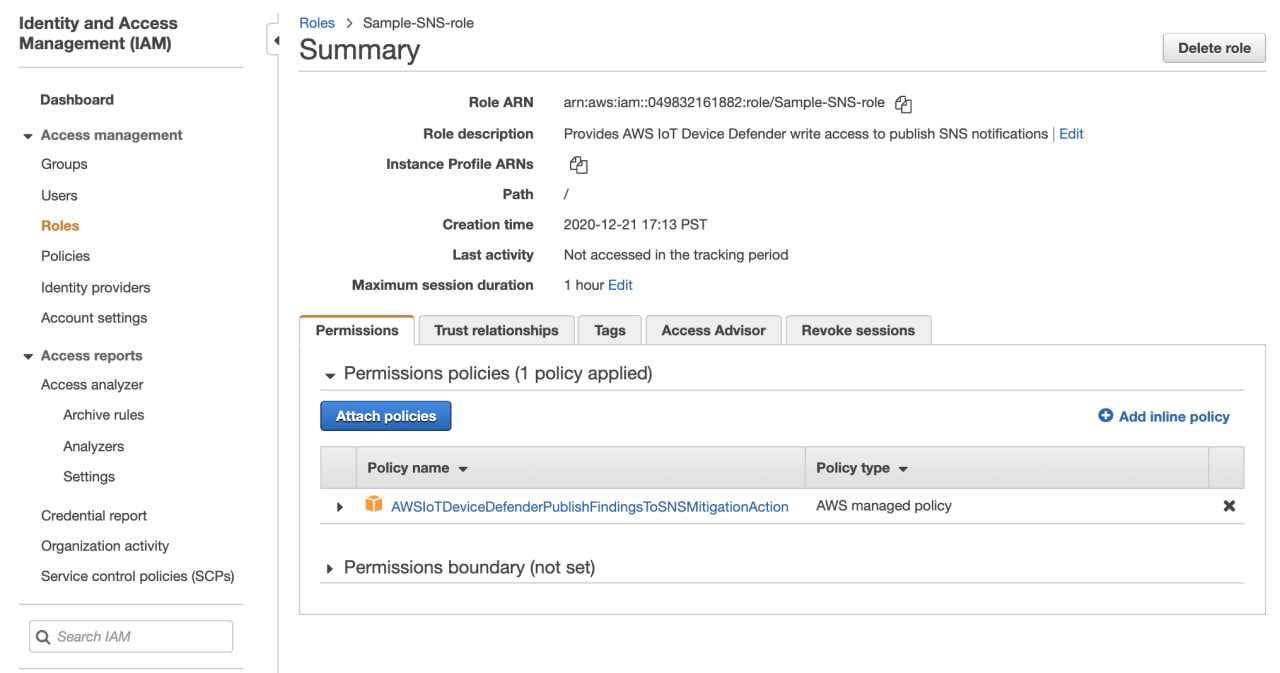 IAM roles summary page showing Sample-SNS-role details like role ARN, description, instance profile ARNs, path, creation time, maximum session duration, and applied Amazon IoT Device Defender publish findings to SNS mitigation action policy