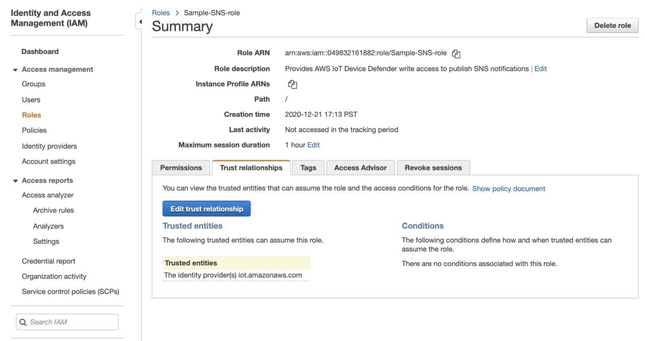 IAM Sample-SNS-role summary showing role ARN, role description providing Amazon IoT Device Defender write access to publish SNS notifications, path, creation time, and trusted entities