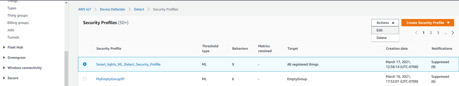 Amazon IoT Device Defender Security Profiles list showing profile name, ML threshold type, behaviors retained, target things, creation date, notifications status