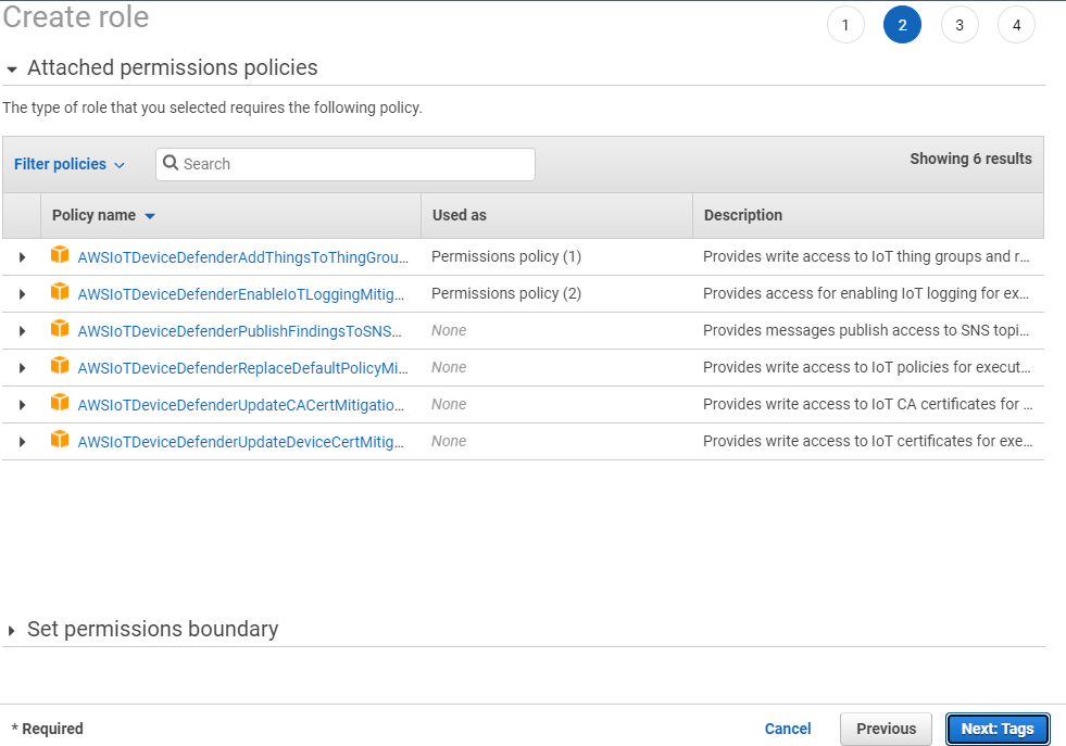 Permissions policies table for an Amazon IoT Device Defender role with policy names, descriptions of what each policy provides access for, and options to filter or search policies.