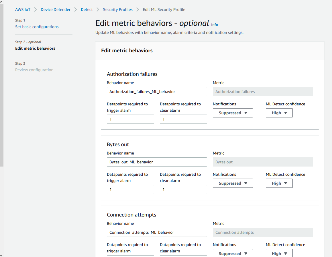 Edit metric behaviors section with options to configure authorization failures, bytes out, and connection attempts metrics for ML security profile.