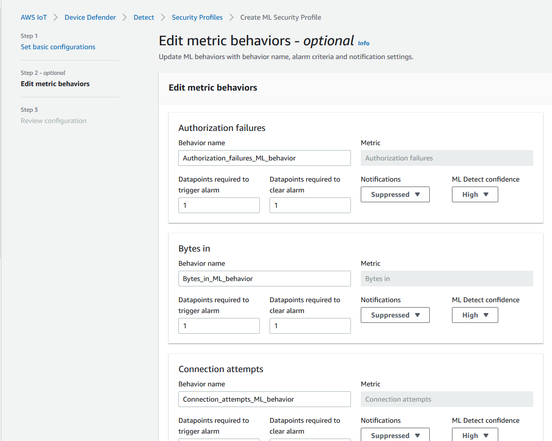 Edit metric behaviors section with Authorization failures, Bytes in, and Connection attempts metrics, allowing configuration of data points for alarm triggers, notifications, and ML Detect confidence levels.