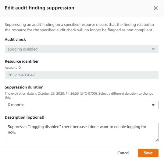 Edit audit finding suppression dialog with options to suppress "Logging disabled" check for specified resource for 6 months and description field.