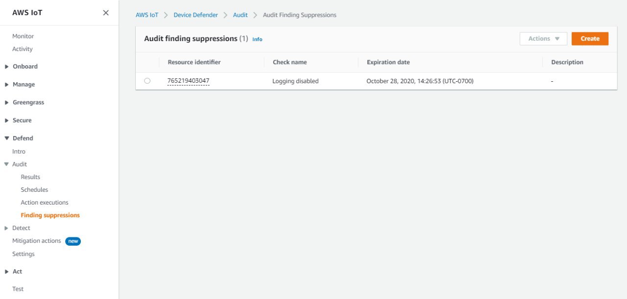 Amazon IoT Device Defender Audit finding suppressions table with a single suppression for check "Logging disabled" expiring on October 28, 2020.