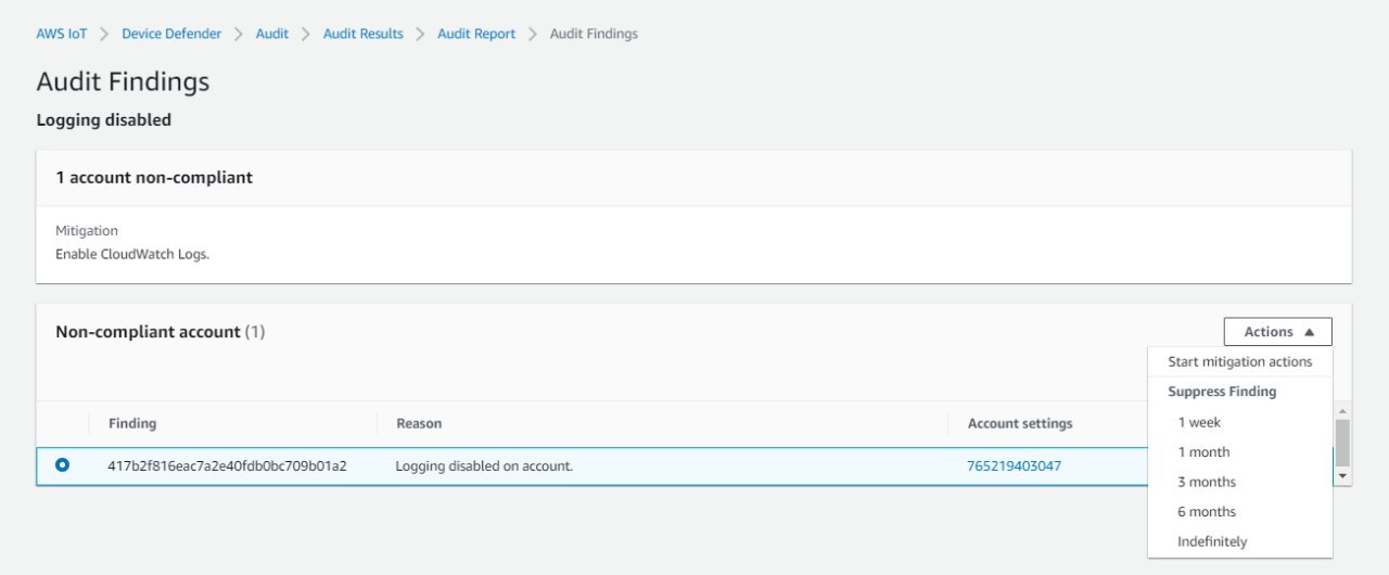 Amazon IoT Device Defender audit findings showing logging disabled and 1 non-compliant account with details and mitigation.