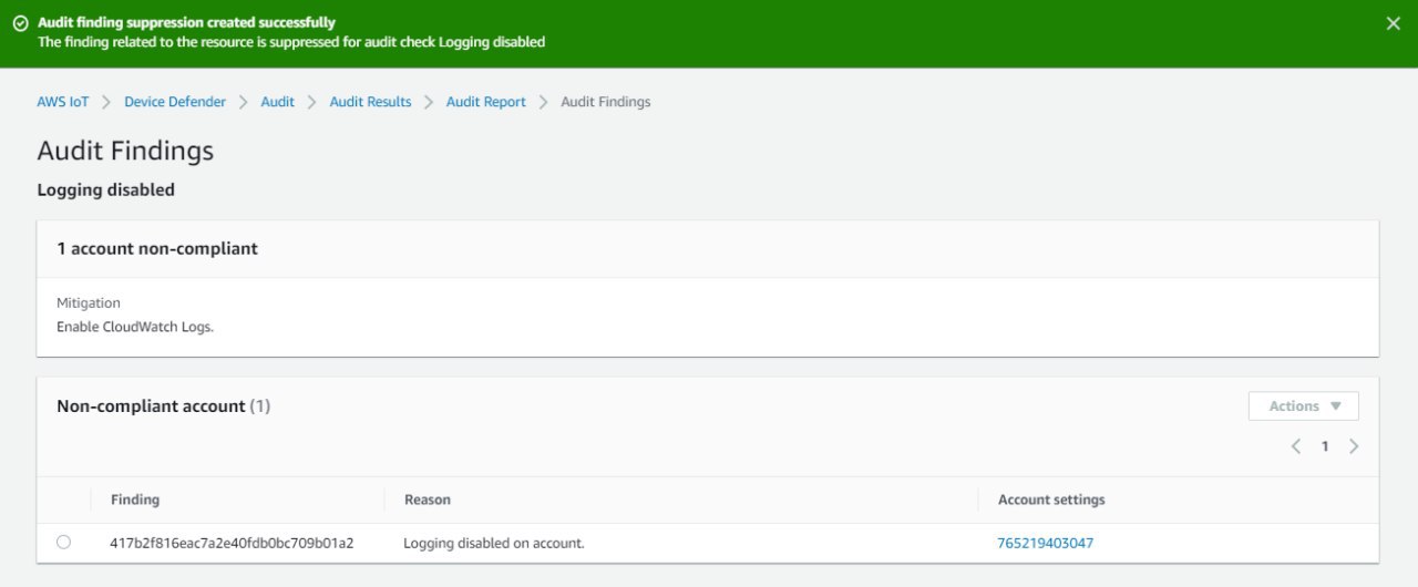 Amazon IoT Device Defender audit findings page showing one non-compliant account with logging disabled, with mitigation step to enable CloudWatch Logs.