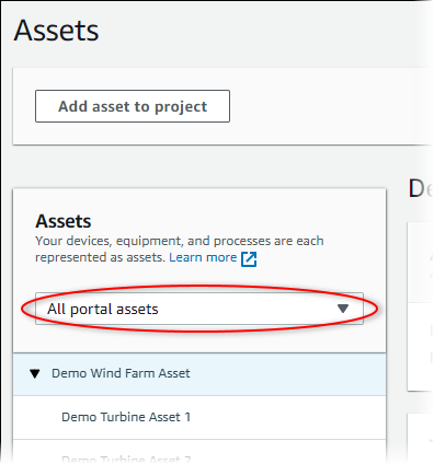 
          The "Assets" page, with the projects drop-down list called out.
        