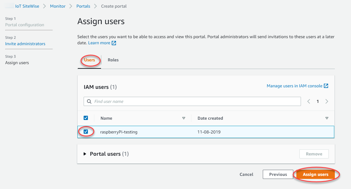 
                The assign IAM users step of the portal creation process.
              
