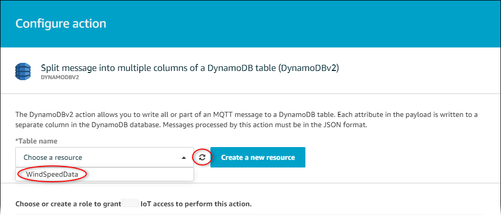 
            Amazon IoT Core "Configure DynamoDBv2 action" page screenshot with the table finder
              highlighted.
          