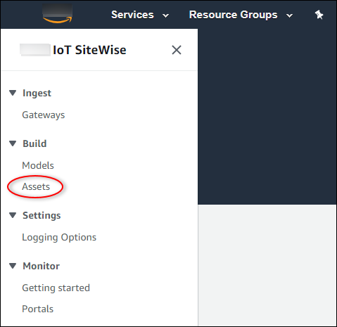 
            Amazon IoT SiteWise "Assets" left navigation element screenshot.
          