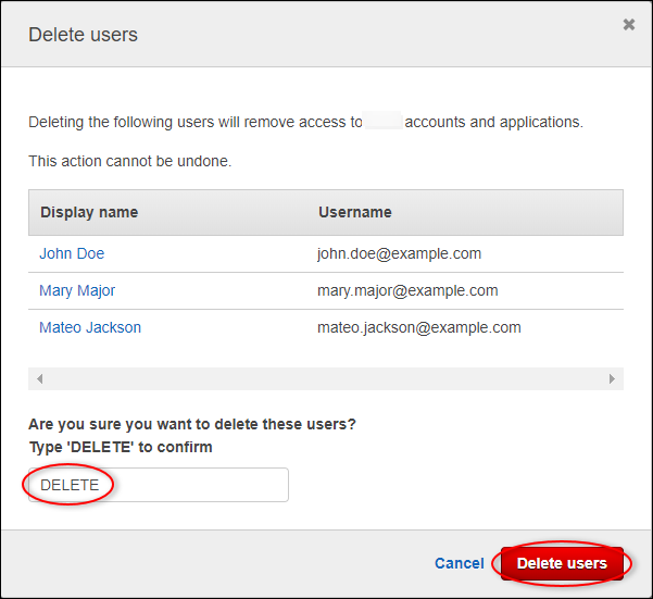 
            IAM Identity Center "Delete users" dialog box.
          
