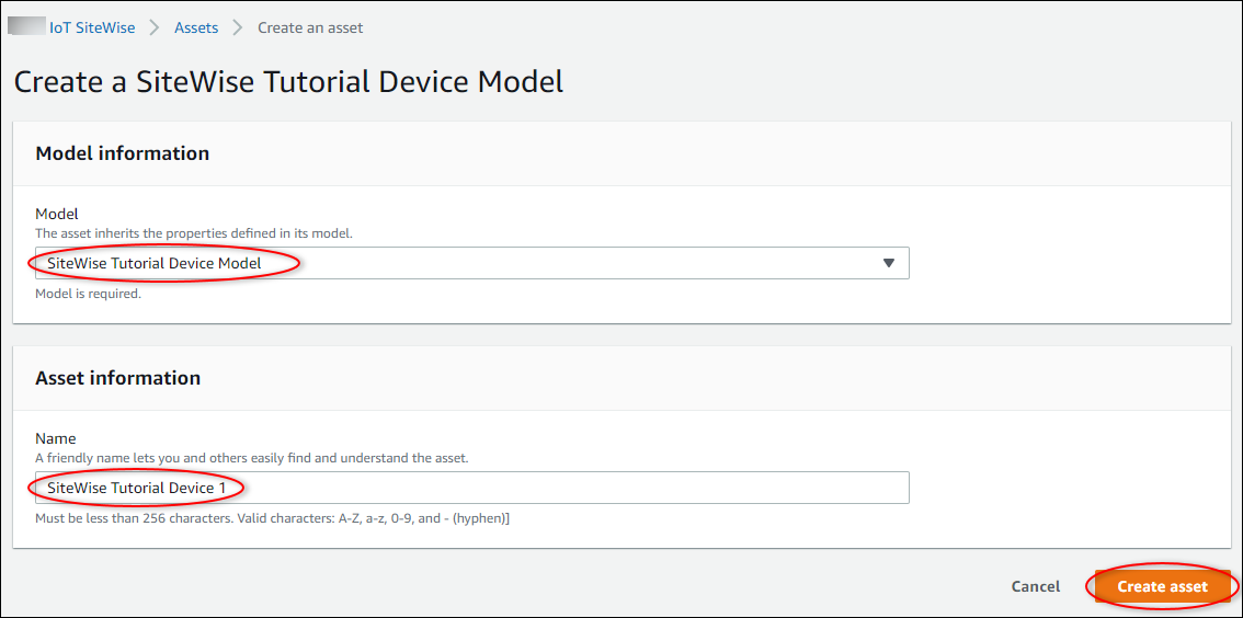 
            Amazon IoT SiteWise "Create an asset" screenshot for a SiteWise Tutorial Device asset.
          