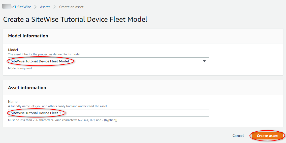 
            Amazon IoT SiteWise "Create an asset" screenshot for a SiteWise Tutorial Device Fleet asset.
          