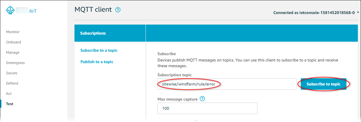 Amazon IoT Core "MQTT client" page screenshot with the "Subscribe to topic" button highlighted.